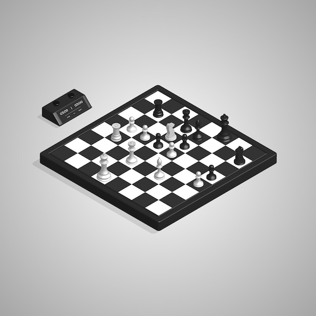 3d isometric chess board pieces and clock