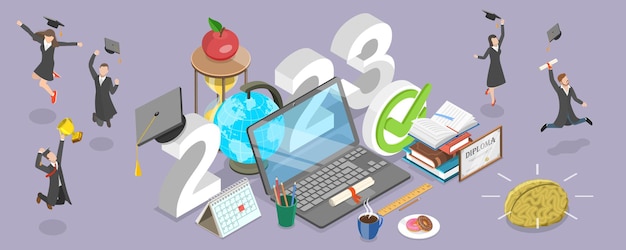 3D Isometric Flat Vector Conceptual Illustration of 2023 Academical Year Online