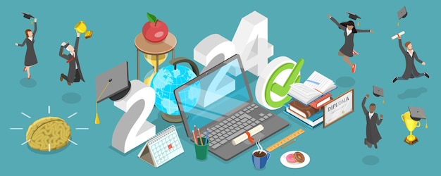 3D Isometric Flat Vector Conceptual Illustration of 2024 Academical Year Online Distance Courses And Elearning Back To Digital School