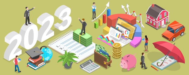 3D Isometric Flat Vector Conceptual Illustration of Budget For New 2023 Year