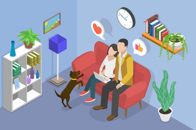 3D Isometric Flat Vector Conceptual Illustration of Couple With Laptop