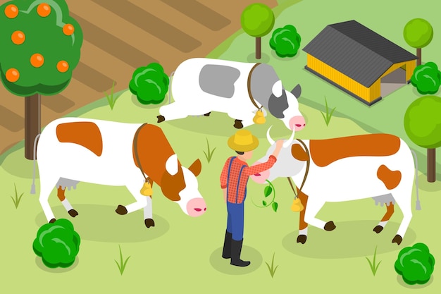 Vector 3d isometric flat vector conceptual illustration of cow farm