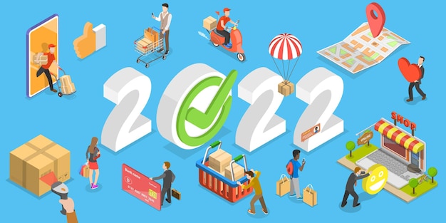 3D Isometric Flat Vector Conceptual Illustration of E-commerce Trends in New Year.