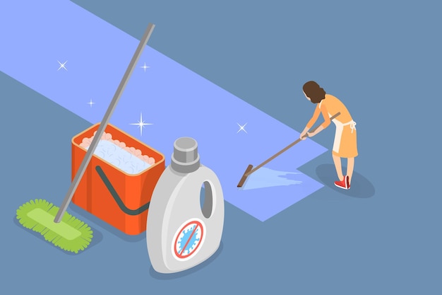 3D Isometric Flat Vector Conceptual Illustration of Floor Cleaning