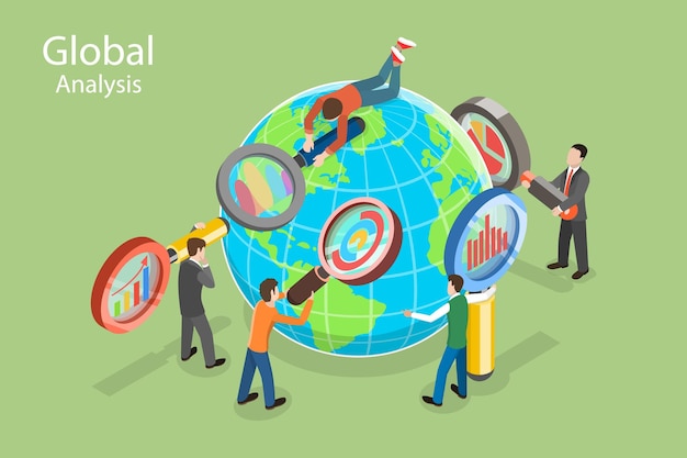 3D Isometric Flat Vector Conceptual Illustration of Global Market Analysis