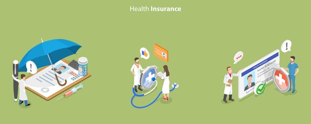 3D Isometric Flat Vector Conceptual Illustration of Health Insurance Scene Set