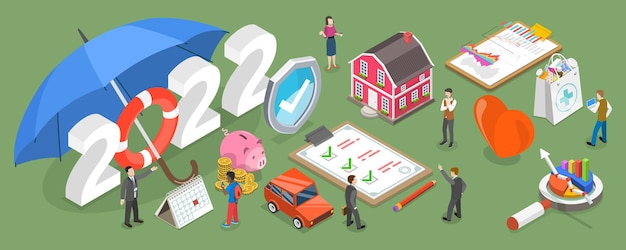 3D Isometric Flat Vector Conceptual Illustration of Insurance Resolutions for New 2022 Year