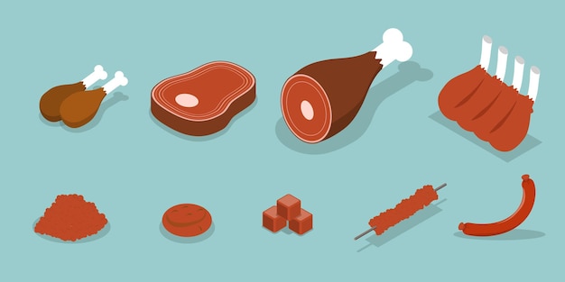 3D Isometric Flat Vector Conceptual Illustration of Meat Food Types