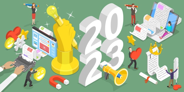 3D Isometric Flat Vector Conceptual Illustration of New Year 2023 Blogging Trends