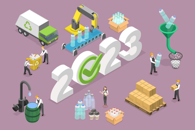 3D Isometric Flat Vector Conceptual Illustration of New Year 2023 And Plastics Recycling