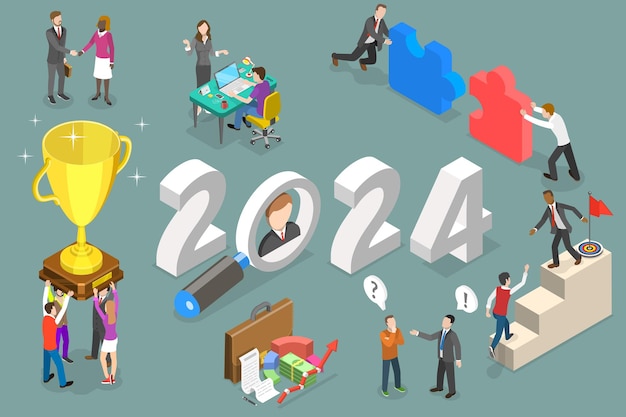 3D Isometric Flat Vector Conceptual Illustration of New Year 2024 And Employees Onboarding HR Managment