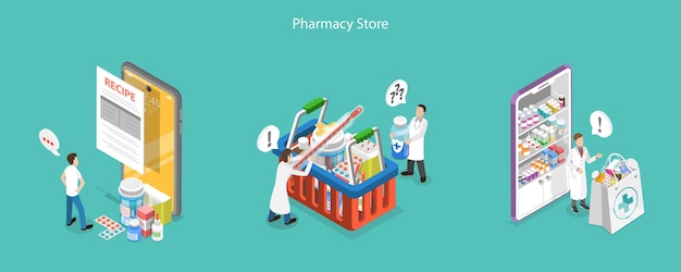 3D Isometric Flat Vector Conceptual Illustration of Pharmacy Store