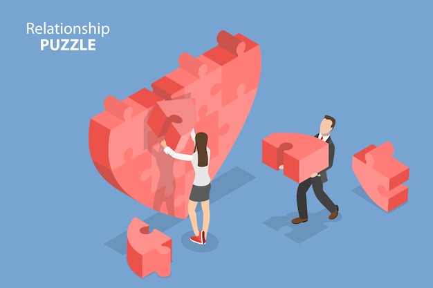 Vector 3d isometric flat vector conceptual illustration of relationship puzzle