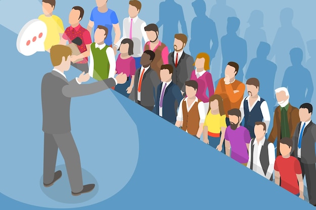 3D Isometric Flat Vector Conceptual Illustration of Speech In Front Of Crowd