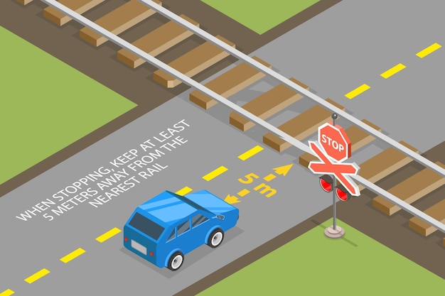 Vector 3d isometric flat vector illustration of railway crossing