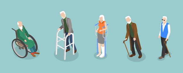 3D Isometric Flat Vector Set of Disabled Senior People