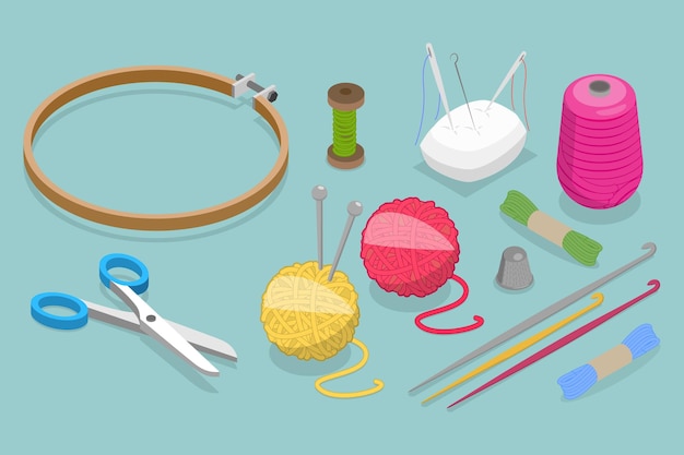 Vector 3d isometric flat vector set of needlework