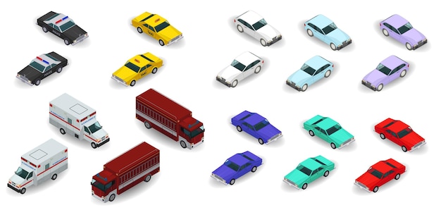 3d isometric police taxi ambulance fire truck urban car icons Illustration isolated on white background