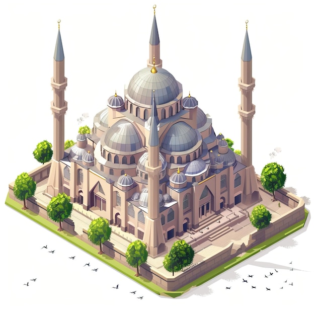 A 3D isometric view of a Mosque in Istanbul in the style