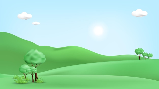 3d landscape illustration with 3d trees, cloud and sun.