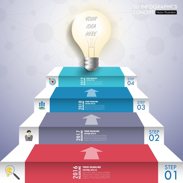 3d light bulb timeline infographics with icons set vector illustration.