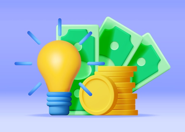 3D Light Bulb with Golden Coins and Banknotes