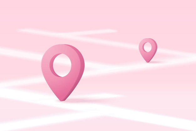 3D location point marker of map or navigation pin icon sign on isolated pink background navigation is pink pastel colour with shadow on map direction 3d GPS pin vector rendering illustration