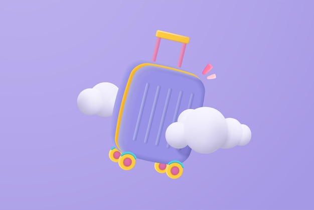 3D luggage flying for travel tourism trip planning on cloud in purple background Suitcase journey and travel summer time concept in cartoon minimal style 3d suitcase icon vector render illustration