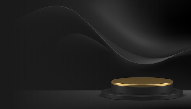 Vector 3d luxury cylinder podium pedestal golden stand black curved wave wall background realistic vector