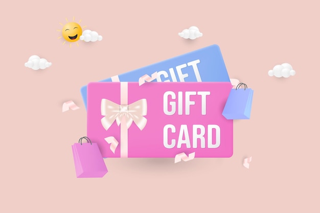 3d Luxury gift card gift vouchers with ribbons and shopping bag 3D Vector Illustration