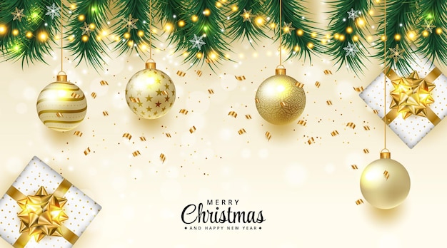 Vector 3d luxury golden merry christmas feliz natal banner background with gold bauble