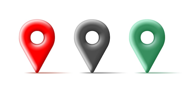 3D map location pin pointer icons set in red green and black colors Isolated on a white background