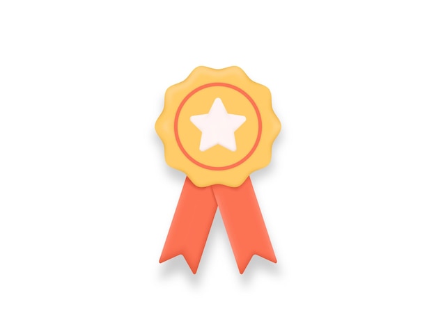 3D medal with star and ribbon yellow badge vector icon