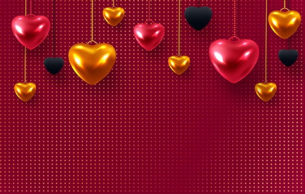 3d metallic gold and red hearts.