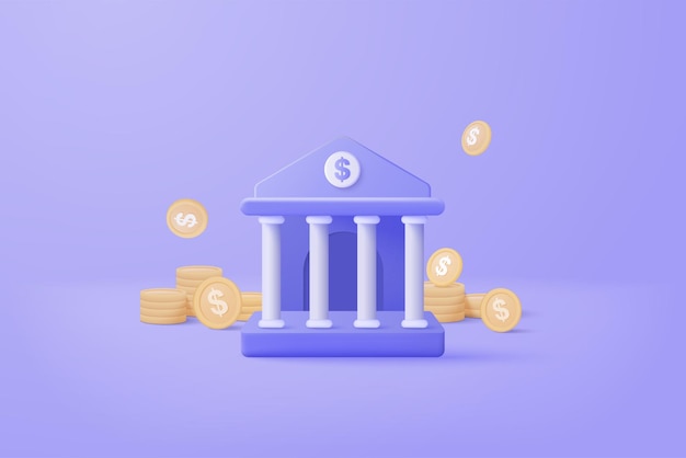 3d minimal bank deposit and withdrawal transactions service of money banking financial concept bank building with coin icon style on background 3d bank vector render on isolated blue background