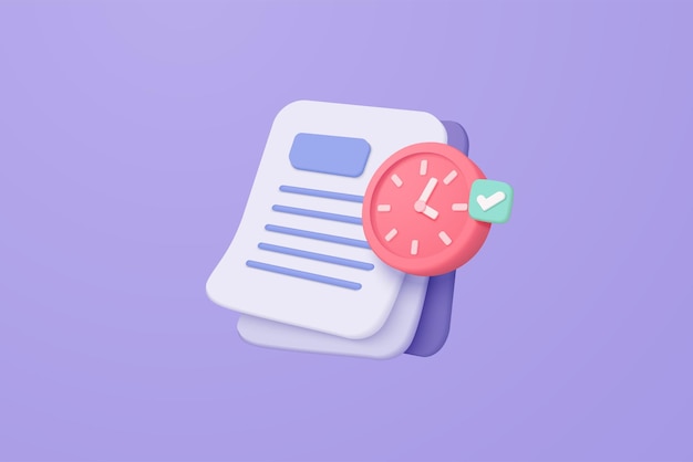 3D minimal document with clock alert on purple backgroundxAWhite clipboard task management todo check list for business planning 3d document and time reminder icon vector render illustration