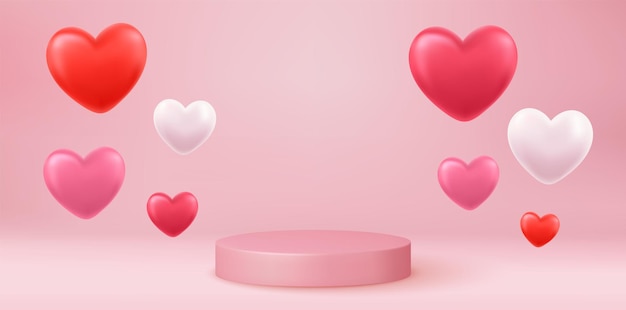 3d mock up Stage podium decorated with heart shape balloons. Background for birthday, anniversary, sale, wedding. Web banner. Valentine concept. Vector illustration