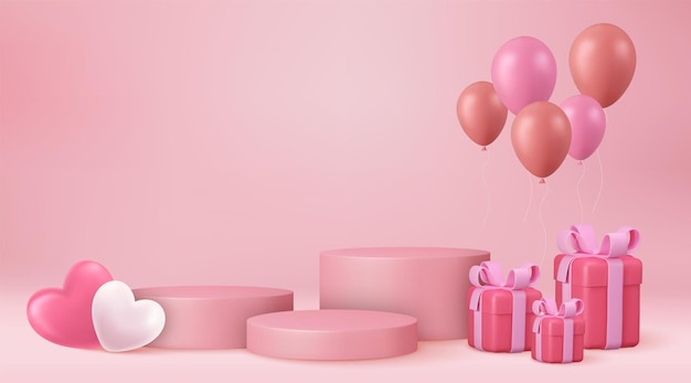 3d mock up Stage podium decorated with heart shape balloons and with gift box. Background for birthday, anniversary, sale, wedding. Web banner. Valentine concept. Vector illustration