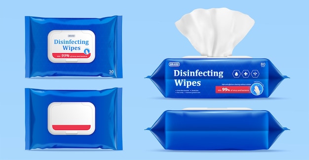 Vector 3d mock up for wet wipes pouch or pack product ad element isolated on blue background