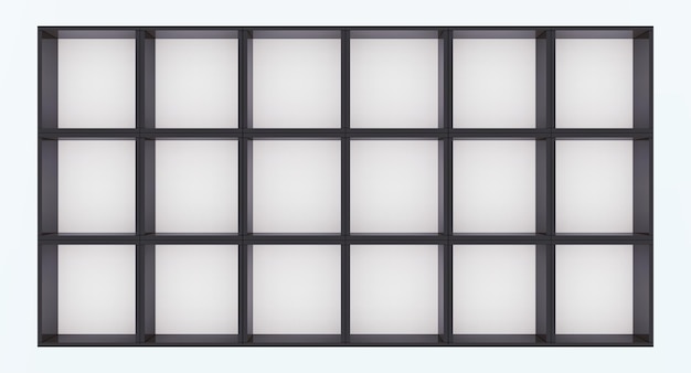 3D mockup of black empty cabinet with shelves on white wall