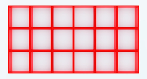 3D mockup of red empty cabinet with shelves on white wall