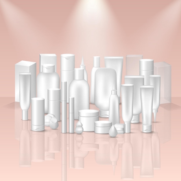 3d mockup of white cosmetic bottles, jars, tubes, containers, boxes, packages on pink podium