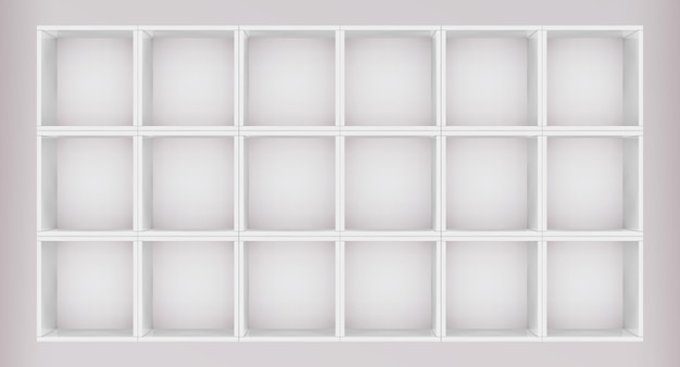 3D mockup of white empty cabinet with shelves on light wall