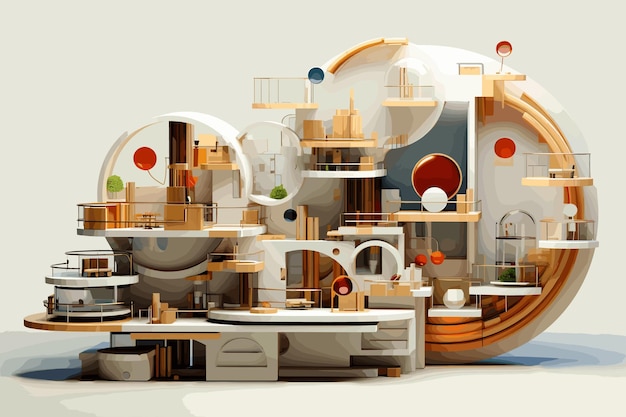 3d model of a modern home with circular objects in it in the style of surreal city scenes