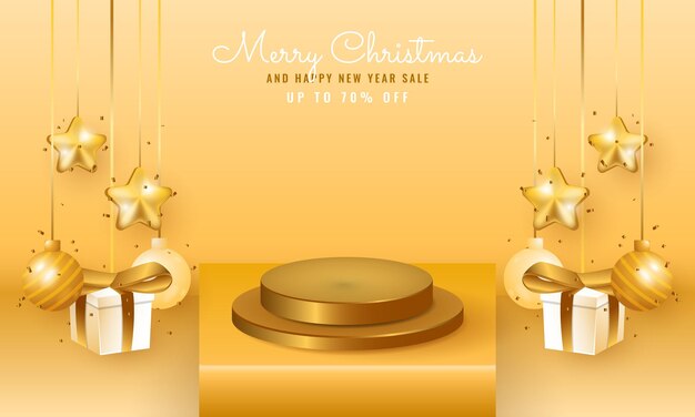 3d modern christmas and new year sale banner with podium and hanging christmas decorations