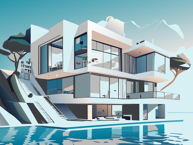 Vector 3d modern house in the sea vector illustration flat 2