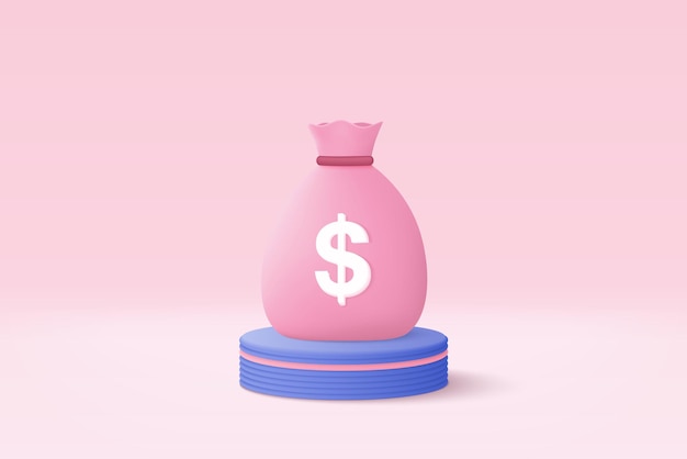 3D money bags saving on podium background Money bags growing business concept for finance investment online payment and payment 3d money earning vector render isolated on pastel background