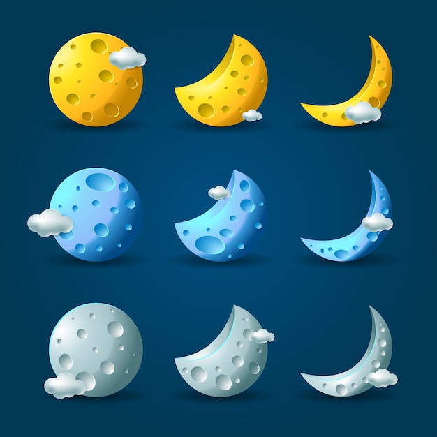 3d moon cartoon collection with cloud vector illustration