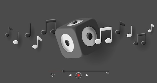 3d music cover and digital player interface with columns music box and notes black and white