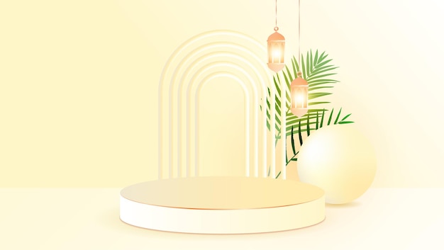 3d natural product scene with cream podium and leaves decoration